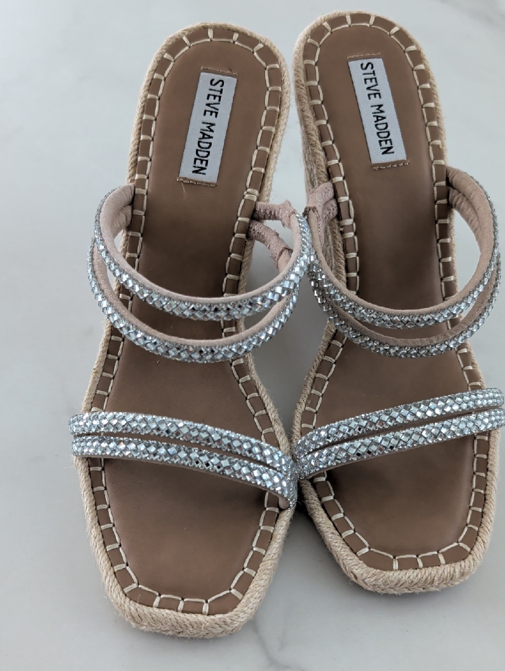 Steve Madden Beige Crystal Triple-Strap Espadrille Slides